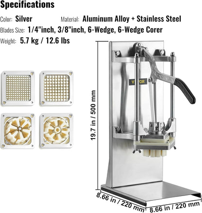 VEVOR French Fry Cutter, Ergonomic Potato Slicer with 3 Blades (1/2", 3/8", 1/4") & Juicer Plate, Easy-Replace Vegetable Chopper Dicer for Carrot, Onion, Lemon, Ideal for Home & Commercial Kitchens