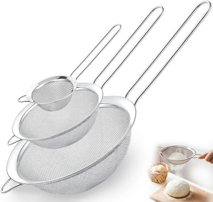 Fine Mesh Strainer Set of 3, Stainless Steel Sieve Sifters with handle, Small Medium Large Size, Kitchen Strainers Colander Set for Sifting, Straining & Cooking