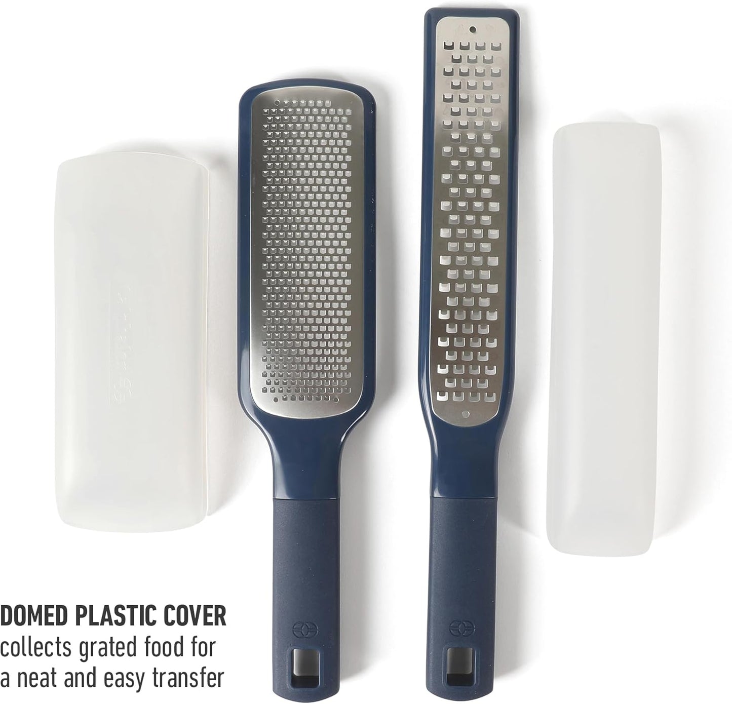 Calphalon Edge Stainless Steel Handheld Grater Lemon Zester W/Cover & Rubber Handle - Navy Blue
