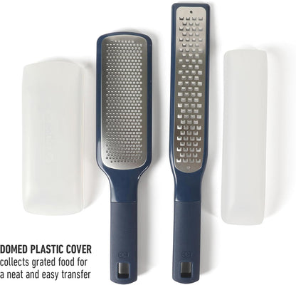 Calphalon Edge Stainless Steel Handheld Grater Lemon Zester W/Cover & Rubber Handle - Navy Blue