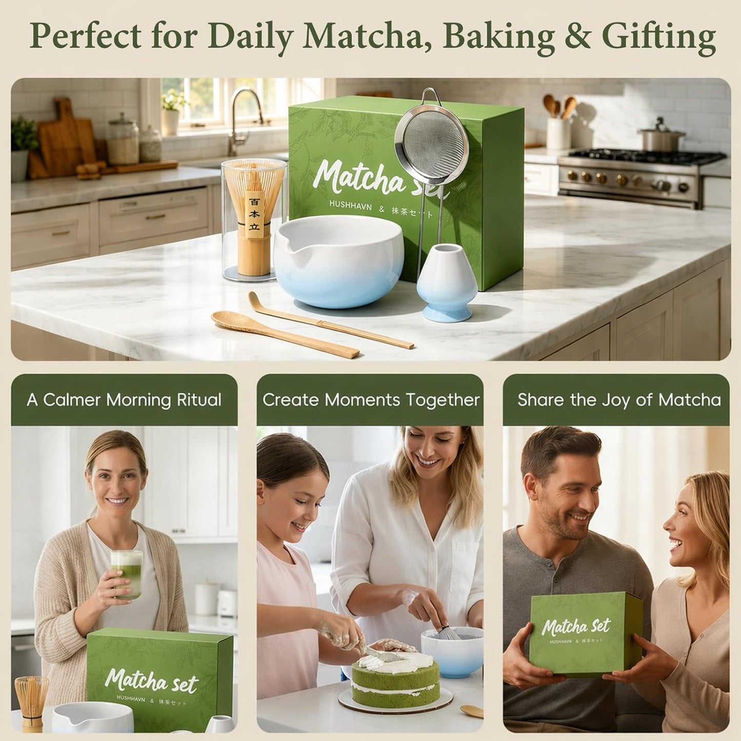 Matcha Whisk Set, Ceramic Matcha Set Includes Bowl & Holder, Bamboo Whisk (Chasen), Scoop, Spoon and Sifter, 6PCS Matcha Kit Covers Everything Needed for Making Matcha (Green)