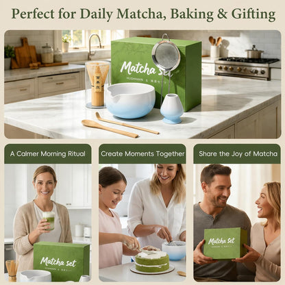Matcha Whisk Set, Ceramic Matcha Set Includes Bowl & Holder, Bamboo Whisk (Chasen), Scoop, Spoon and Sifter, 6PCS Matcha Kit Covers Everything Needed for Making Matcha (Green)