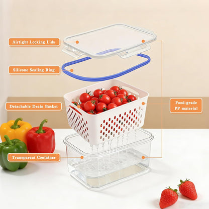 4 in 1 Food Storage Container,Fruit Storage Containers for Fridge,Produce Storage Containers with Lid and Strainer,Including Drain Basket,Keep Berry Fruit Fresh Longer(3PC-White)