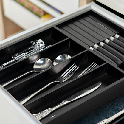 VaeFae Bamboo Silverware Drawer Organizer Kitchen, Expandable Utensil Organizer with Knife Block, Cutlery Tray with Divider, Multifunctional Drawer Organizer (Black)
