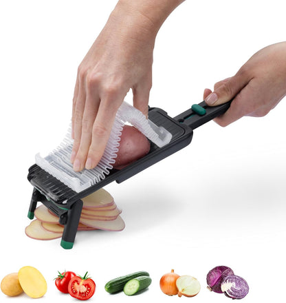 Dreamfarm Nocutu Handheld Safety Mandoline Slicer, Food Vegetable Cutter with Non-Slip Bowl Hook & Foot - Adjustable 1-3mm Slicer, Black/Green