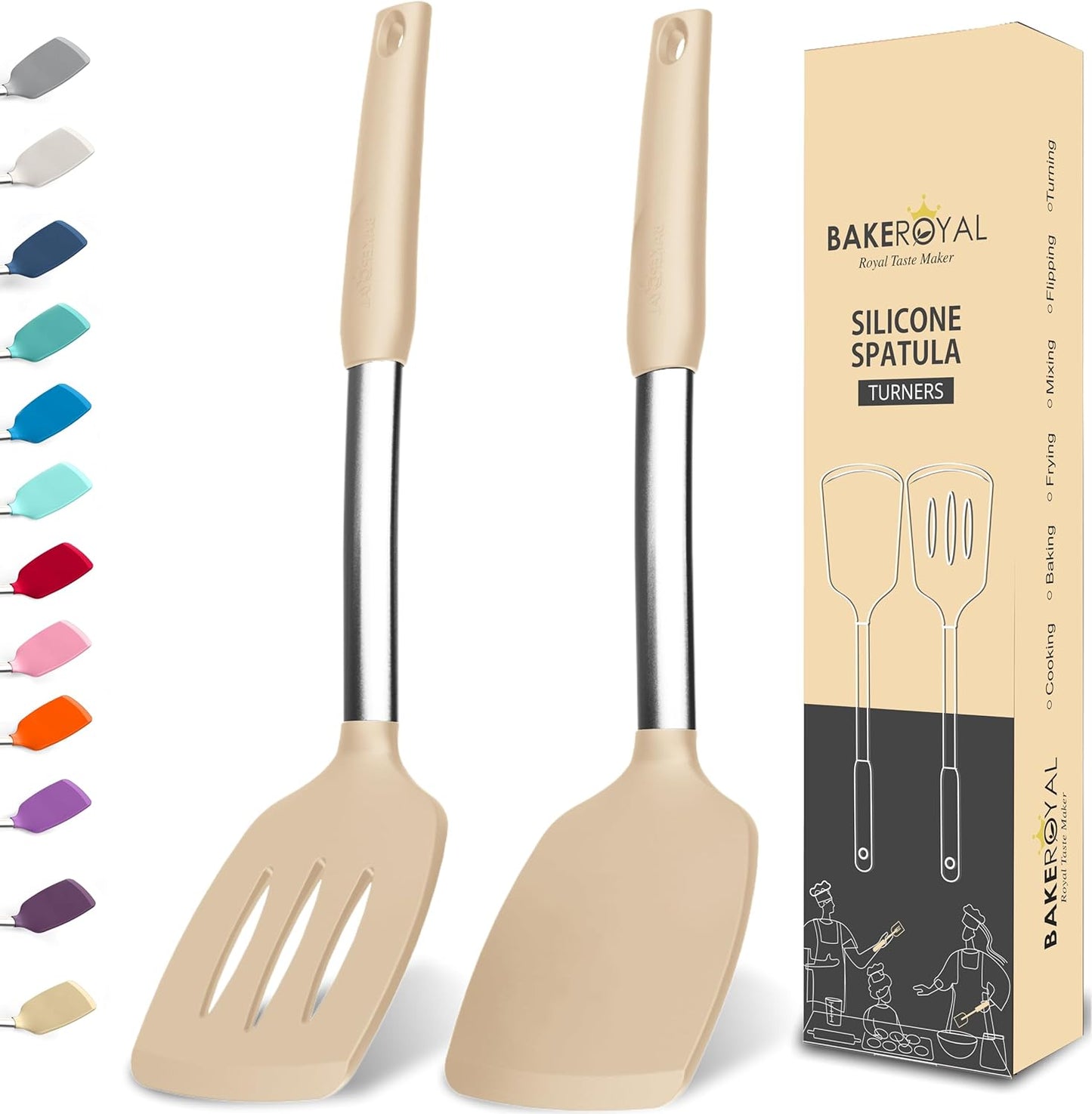 BakeRoyal Silicone Spatula Set - Turner Spatulas Silicone Heat Resistant 600°F - Slotted & Solid Spatula for Cooking Fish, Eggs, Pancakes Flipper – Spatulas for kitchen use – Royal Blue