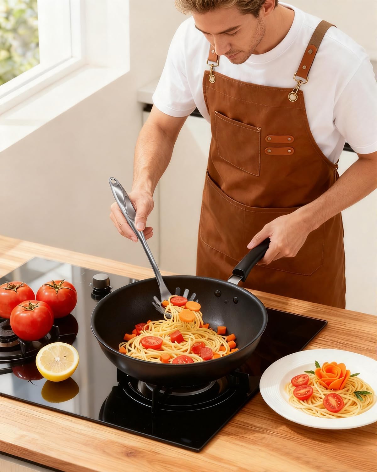 Spaghetti Spoon and Pasta Tong with Grip Teeth and Drain Holes, 2-Piece Non-Stick Silicone Head with Stainless Steel Handle, Heat Resistant Food Grade Utensils for Cooking, Serving, Salad and Noodles
