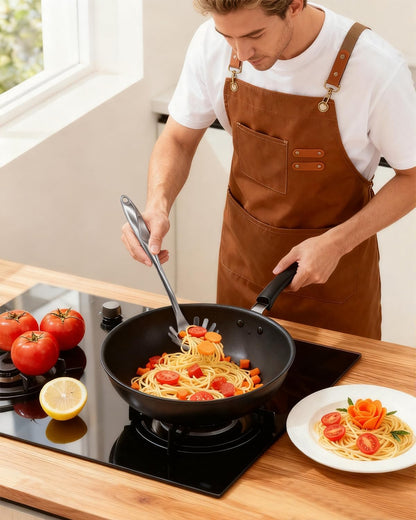 Spaghetti Spoon and Pasta Tong with Grip Teeth and Drain Holes, 2-Piece Non-Stick Silicone Head with Stainless Steel Handle, Heat Resistant Food Grade Utensils for Cooking, Serving, Salad and Noodles