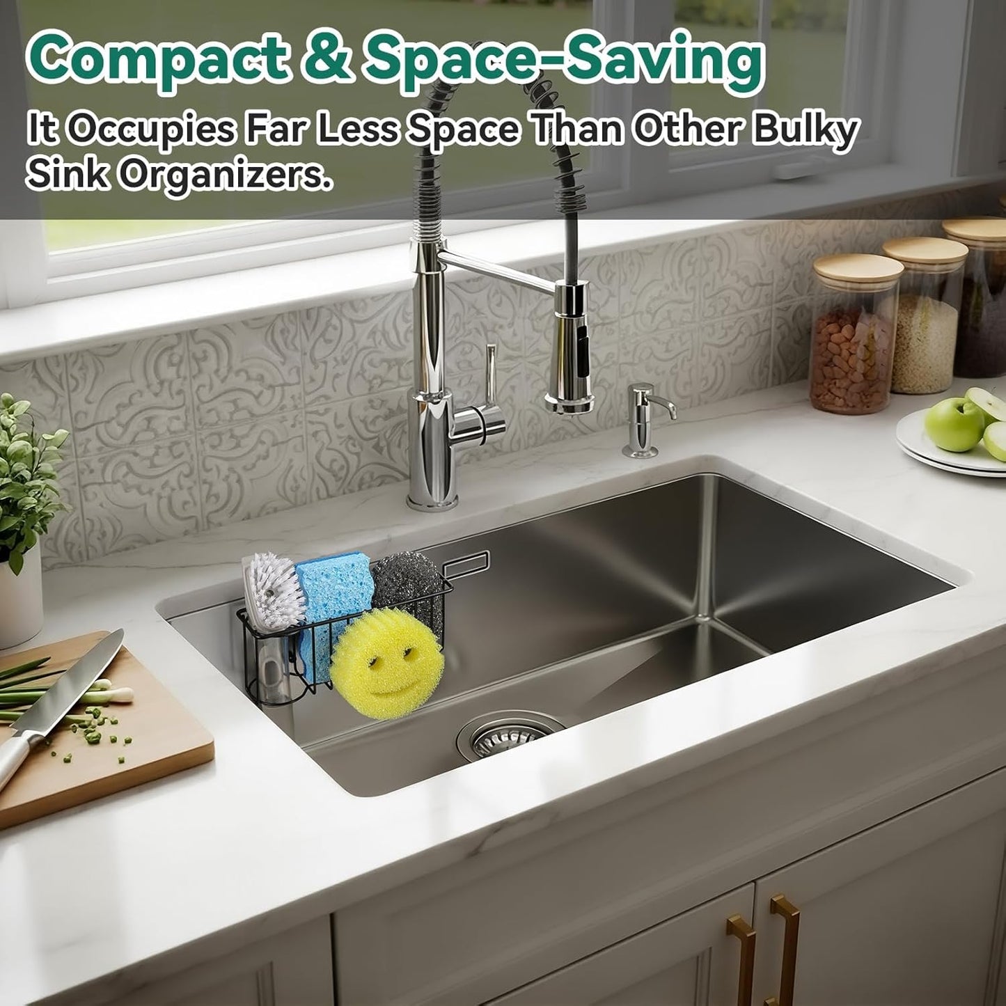 3-In-1 Sponge Holder for Kitchen Sink with Suction Cups & Adhesive Hook , In-sink Sponge Holder, Wall Hanging Sink Caddy Organizer Rack - Sponge, Dish Cloth, Brush, Scrubber - 304 Stainless Steel