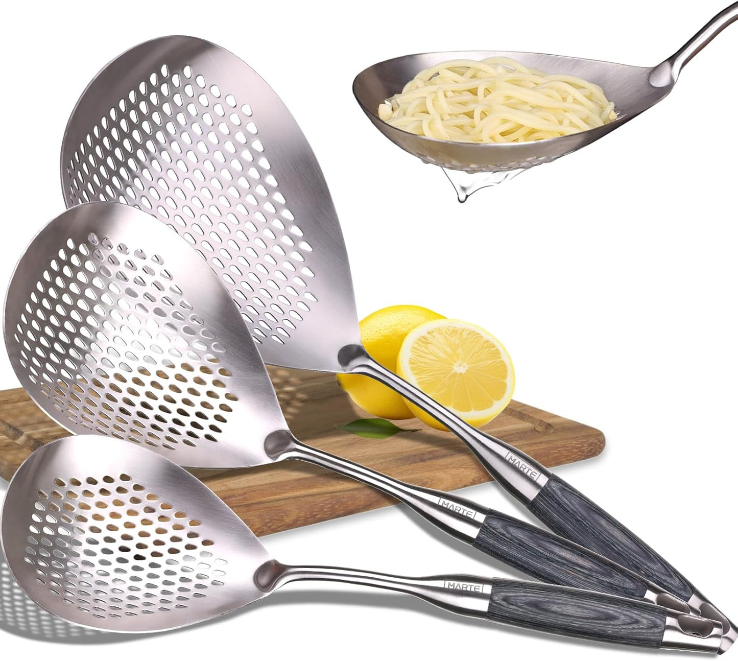 MARTE Skimmer Slotted Spoon Set of 4 - Kitchen Pasta Strainer Spoon - Spider Strainer Skimmer Ladle Spoon with Holder for Cooking and Frying Food, Spaghetti, Vegetable, Dumpling - 14.8In,16.5In,17In