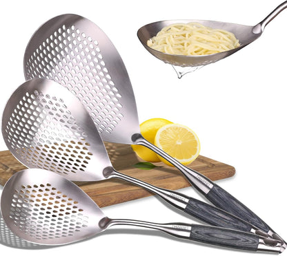 MARTE Skimmer Slotted Spoon Set of 4 - Kitchen Pasta Strainer Spoon - Spider Strainer Skimmer Ladle Spoon with Holder for Cooking and Frying Food, Spaghetti, Vegetable, Dumpling - 14.8In,16.5In,17In