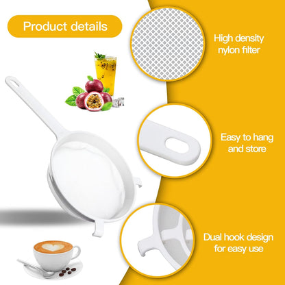 4 Pack Fine Mesh Nylon Strainers with Handle Food Grade Kitchen Sieve Colander with Hanging Hooks Plastic Nylon Mesh Strainers for Yogurt Nut Milk Coffee Juice Kefir Tea (3", 5", 6", 7")