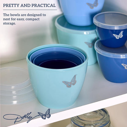 Dolly Parton Prep Bowl Set with Lids, 4 Piece Blue Butterfly Design, Airtight Storage, Mixing and Serving Bowls, Dishwasher Safe, 1 Through 4 Cup Sizes