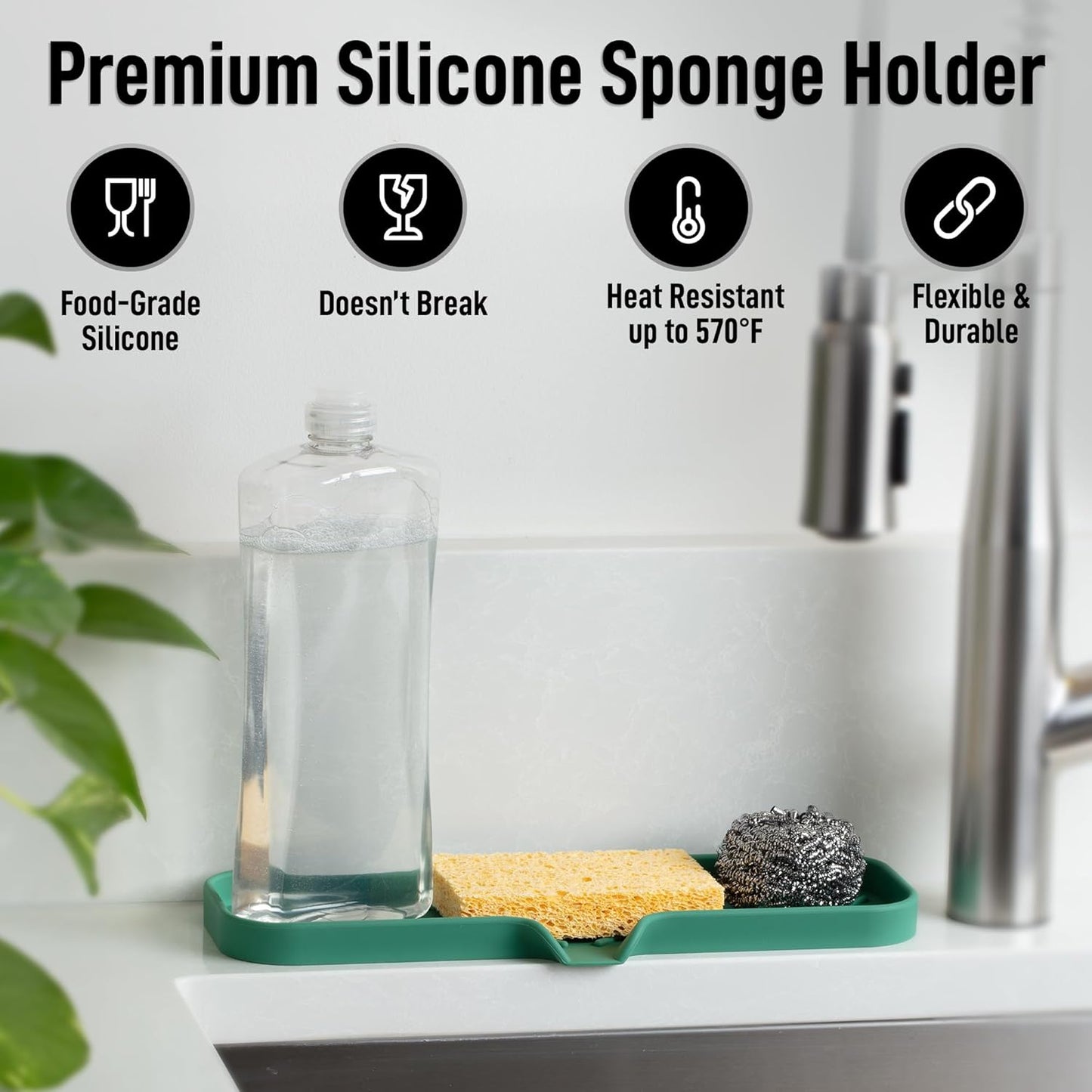 Zulay Kitchen (9x3.5in Sponge Holder for Kitchen Sink - Flexible Heavy-duty Multipurpose Sink Caddy - Counter Organizer for Kitchen, Bathroom, Makeup, Trinkets & More! (Grey)