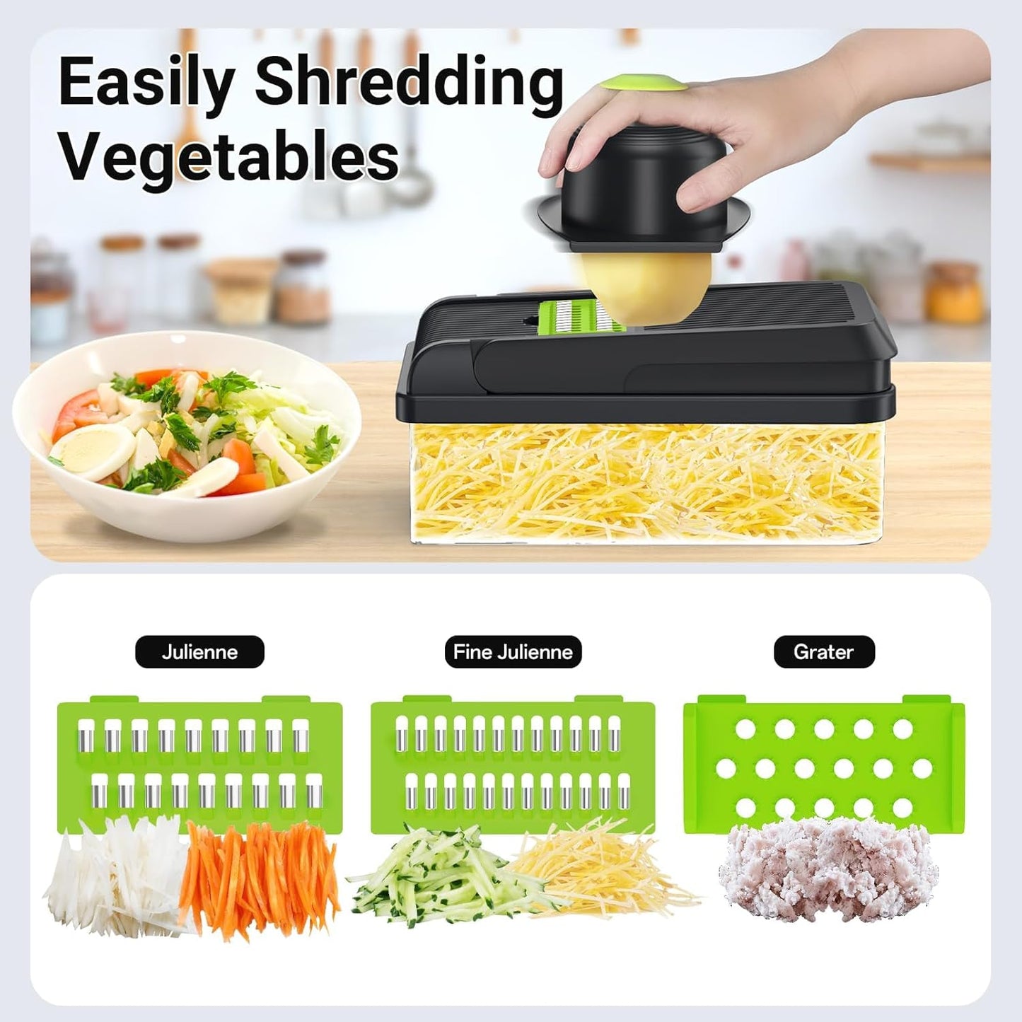 SpaceHacks 12-in-1 Vegetable Chopper, Kitchen Gadgets with 7 Blades, Veggie, Food, Onion Chopper, Cucumber Slicer, Versatile Mandoline, Includes Egg Separator & Finger Guard, Gray