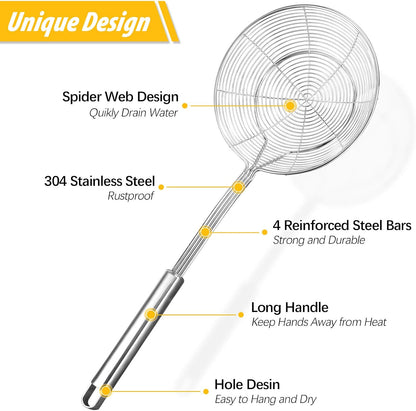 Pack of 2 Large Spider Strainer, Stainless Steel Skimmer Basket,Kitchen Ladle Strainers,Mesh Spoons with Long Handle, Cooking Tools for Frying, Boiling Noodles, Dumplings, Pasta