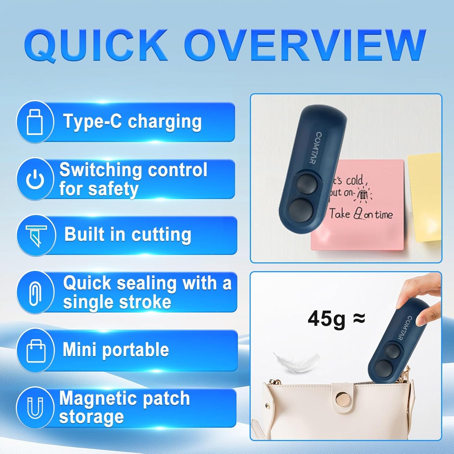2in1 Rechargeable Chip Bag Sealer with Cutter, Portable USB C Heat Sealer Resealer Machine for Chip, Plastic Bags Heat Seal Tool for Snacks (White)