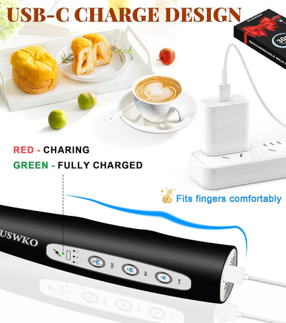 YUSWKO Black Handheld Milk Frother Wand for Coffee, Rechargeable Electric Whisk with 3 Heads 3 Speeds Drink Mixer Coffee Frother For Latte, Cappuccino, Hot Chocolate, Egg