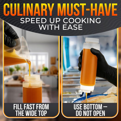 Set of 6 Inverted Condiment Squeeze Bottles 16 oz – Upgraded Design with Added Sealing Gaskets, Self-Closing Valve, Easy-to-Fill Clear Bottles for Sauces, Dressings, Ketchup, Mustard for Everyday Use