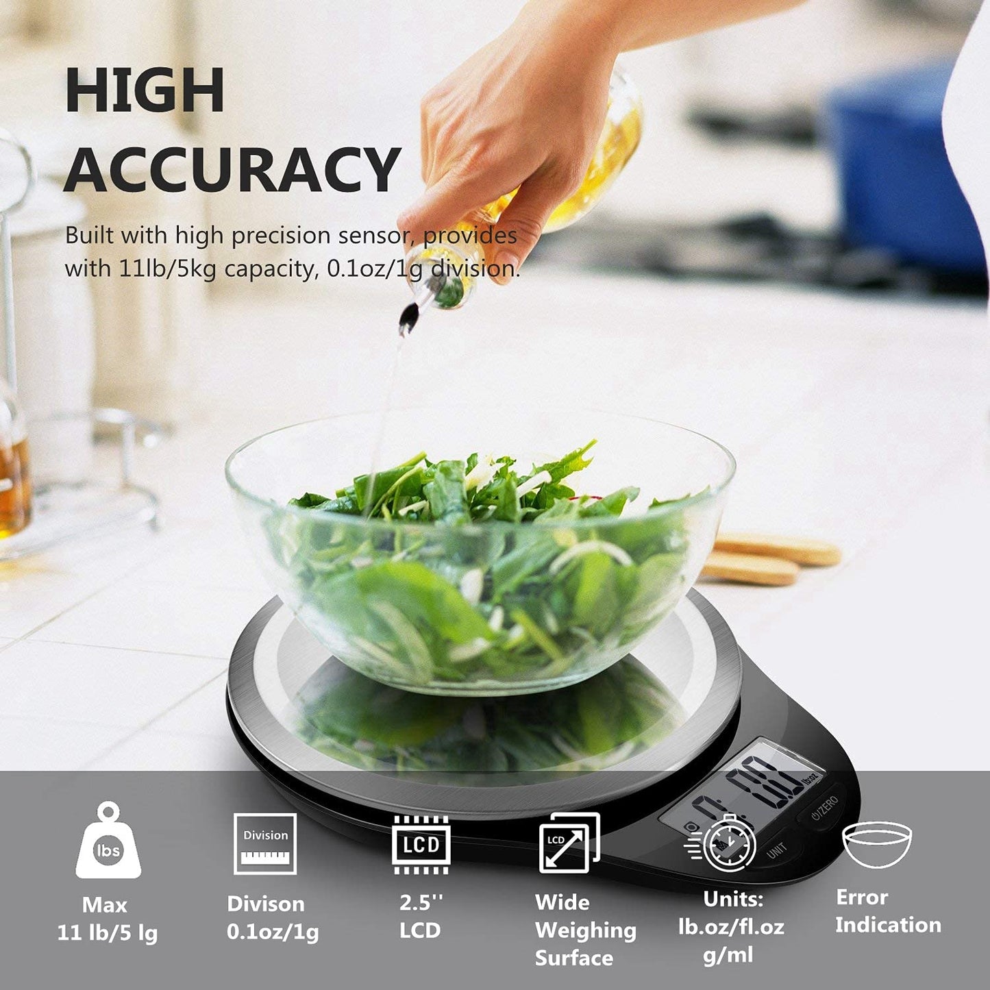 Food Scale, Kitchen Scales Digital Weight Food Grams and Ounces for Weight Loss Baking Cooking of NUTRI FIT, Max 11lb 1g Increment, Backlight LCD Smart Tare Stainless Steel, Easy to Use, AAA Battery