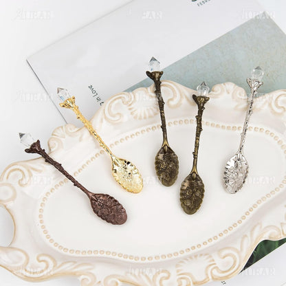 AUEAR, Retro Crystal Antique Alloy Spoon Coffee Tea Dessert Mini Ice Cream Decorative Spoons Set for Home Office (10 Pack)