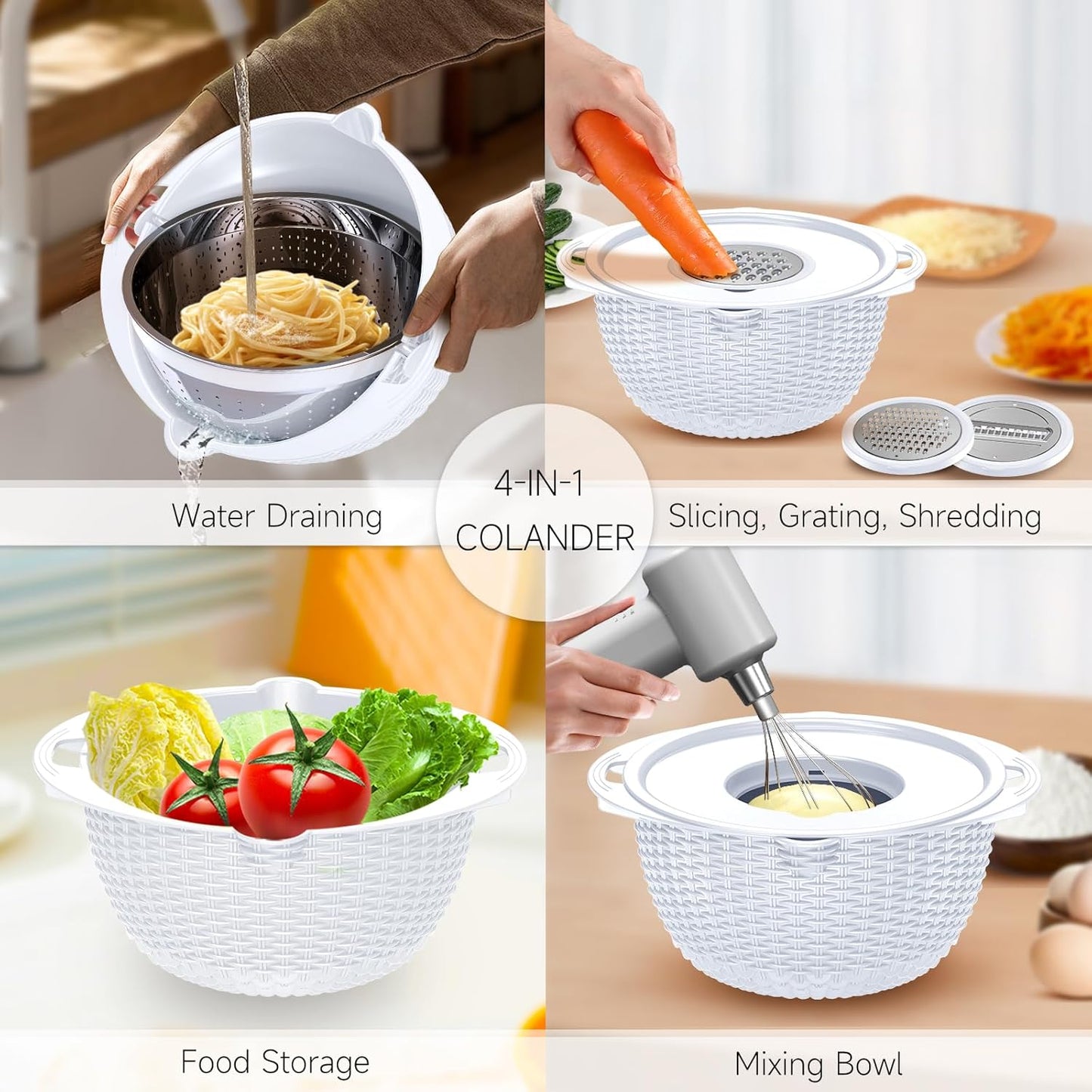 4-1 Colander with Bowl Set - Pasta Strainer - Colander for Kitchen - Strainers and Colanders Rice Strainer Fruit Cleaner Veggie Wash Sink Strainer Kitchen Essentials - Black