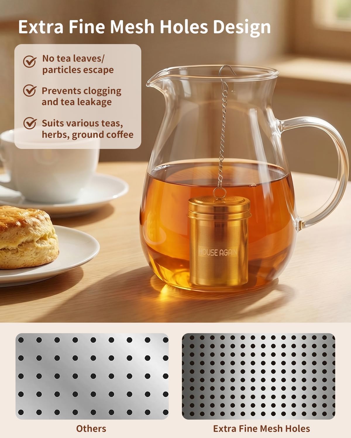 House Again Large Tea Infuser, Extra Fine Mesh Tea Strainers for Loose Tea, 18/8 Stainless Steel Tea Strainer with Extended Chain Hook, Tea Steeper for Brew Tea, Spices & Seasonings, for Multi Cups