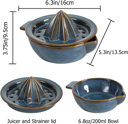 Ceramic Citrus Lemon Orange Juicer Manual Squeezer, Hand Juicer Reamer Rotation Press with 6.8oz Bowl, Strainer Lid, Spout, Handle, Dishwasher Safe, Easy to Clean