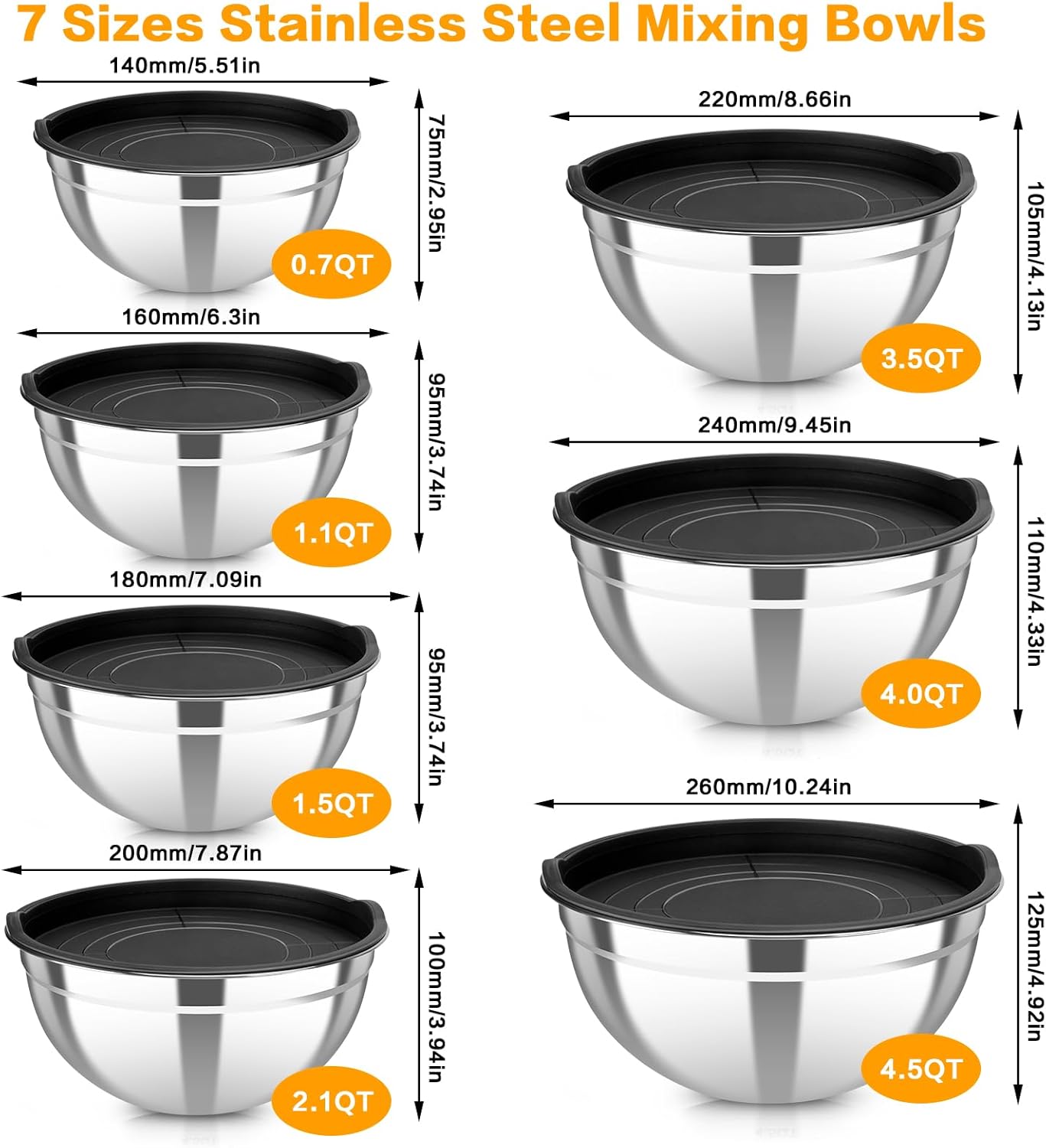 Stainless Steel Mixing Bowls with Lids Set, 7 Pcs Nesting Design Metal Mixing Bowls Salad Bowl for Mixing, Prepping and Serving Food(Size4.5-0.7QT)