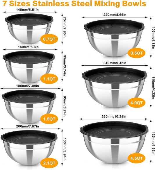 Stainless Steel Mixing Bowls with Lids Set, 7 Pcs Nesting Design Metal Mixing Bowls Salad Bowl for Mixing, Prepping and Serving Food(Size4.5-0.7QT)