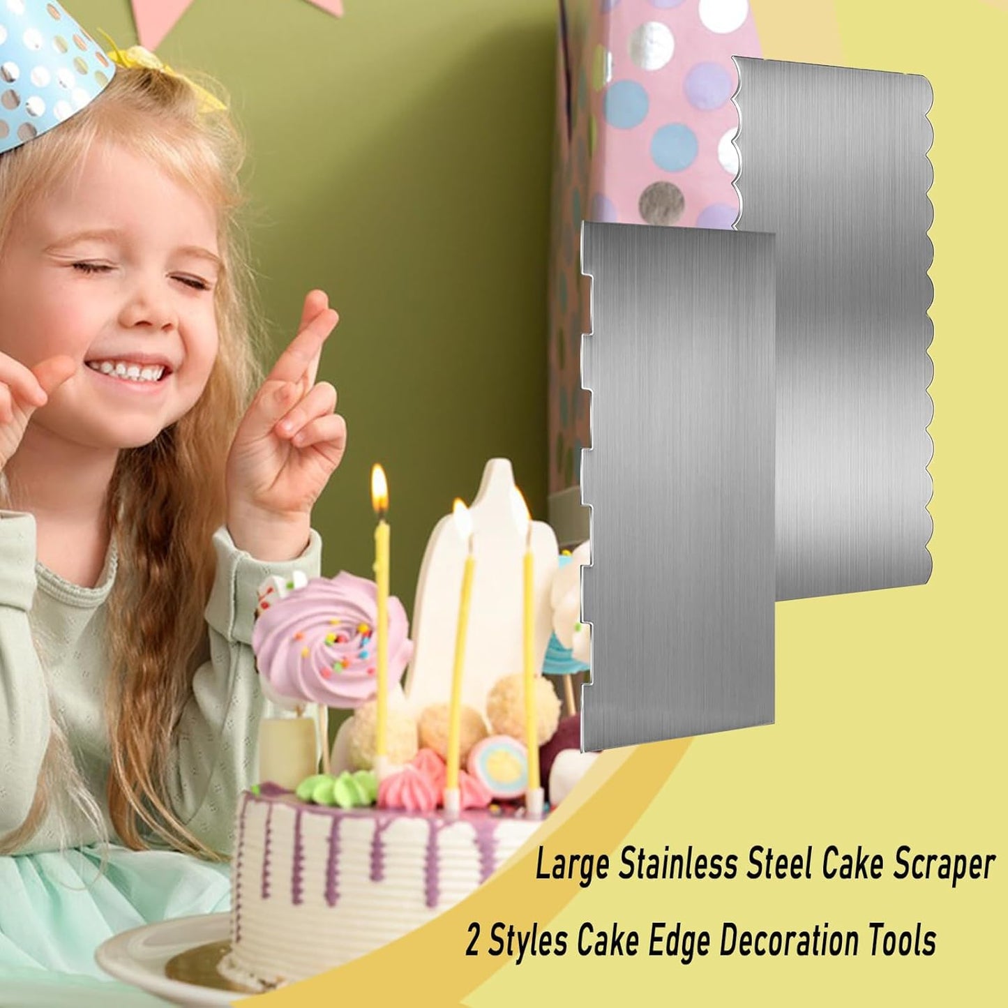 2 Pieces Stainless Steel Cake Scraper, 9 Inch Large Cake Smoother Scraper Contour Double Sided Patterned Edge Stripe Tool Pastry Cutter in 6 Patterns for Different Shapes of Comb Cake Edges Decoration