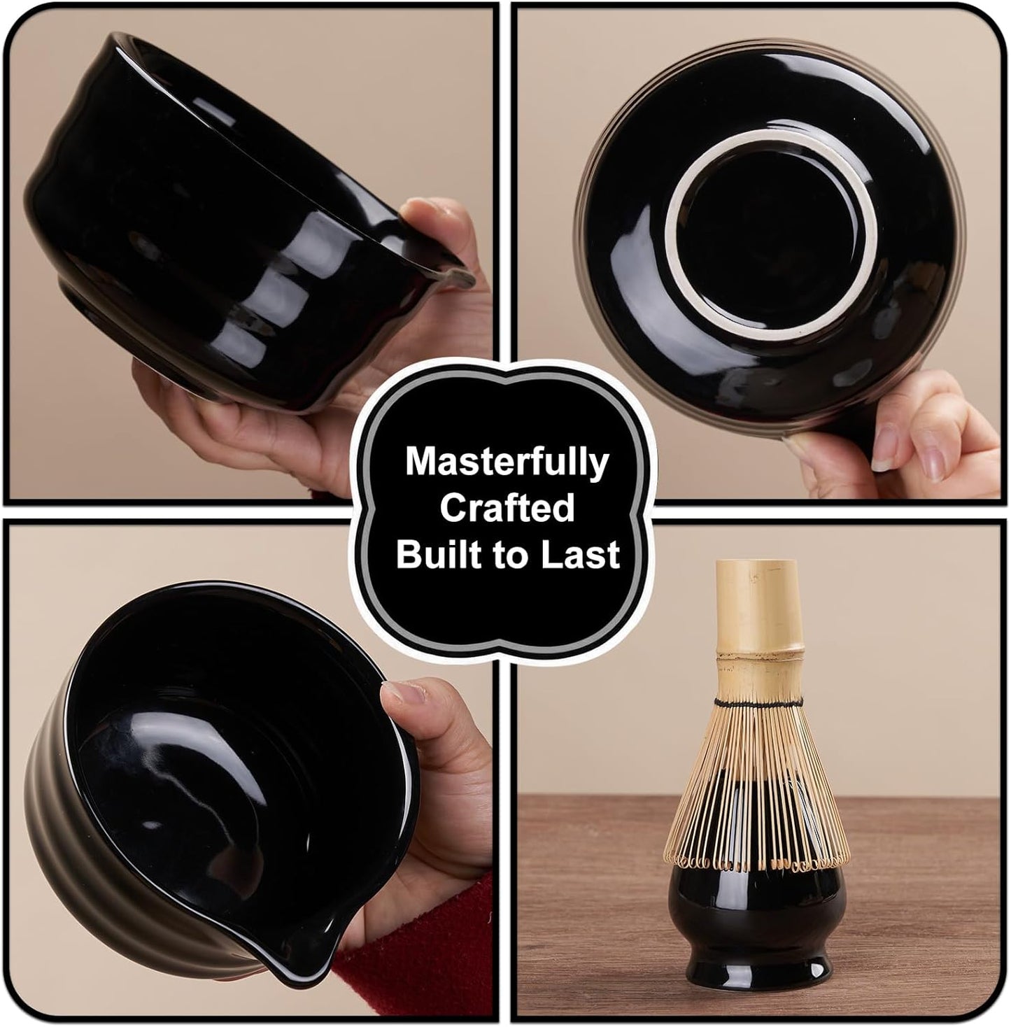 YOLIFE Matcha Whisk Set, Black Matcha Set, Ceramic Matcha Bowl and Whisk (Chasen), Holder, Sifter, Bamboo Scoop, Spoon & Spoon Rest, 7 Pcs Matcha Kit for Matcha Tea Ceremony