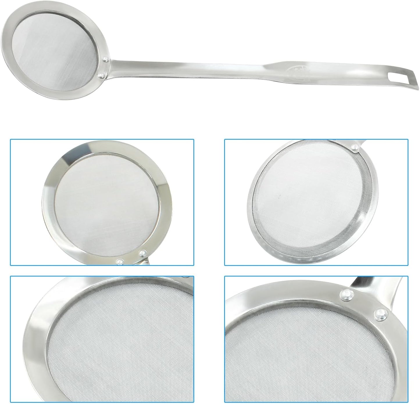 Stainless Steel Fat Skimmer Spoon 14 inch Ladle Cooking Strainer Spoon Fine Mesh Stainless Steel Colander with Handle for Kitchen Cooking (DIA 4.53", Shallow Net Design)