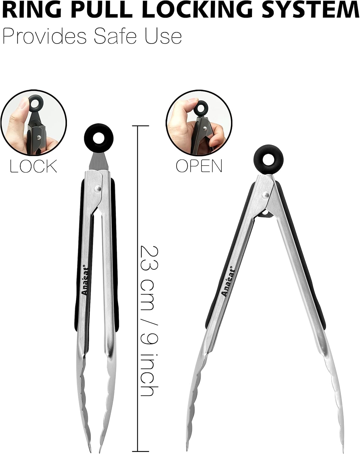 Anaeat Non-Stick Silicone Locking Tong Set of 3 - Stainless Steel 7", 9", 12" Kitchen Food Tongs with Non-Slip Silicone Tips and Grip for Cooking, Baking and BBQ - Heat Resistant up to 480°F (Black)