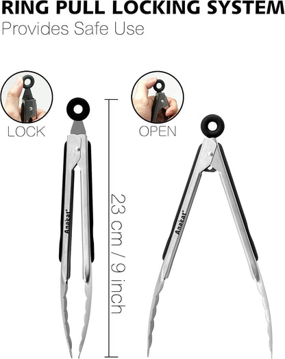 Anaeat Non-Stick Silicone Locking Tong Set of 3 - Stainless Steel 7", 9", 12" Kitchen Food Tongs with Non-Slip Silicone Tips and Grip for Cooking, Baking and BBQ - Heat Resistant up to 480°F (Black)