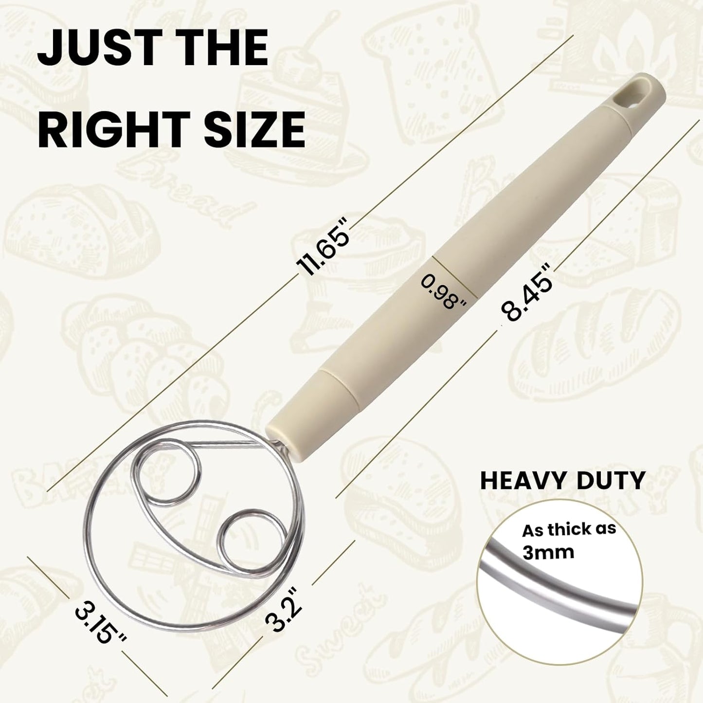 Danish Dough Whisk Stainless Steel Dough Hook Dutch Whisk for Sourdough Bread Dough Mixer, Premium Plastic Handle Kitchen Whisking Mixing Tool Bread Baking Tools and Supplies