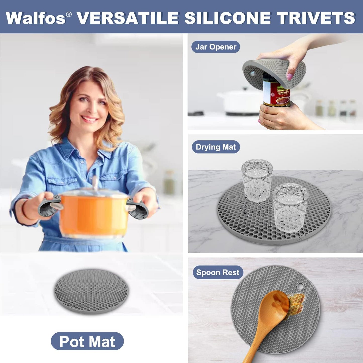 Walfos Silicone Trivet Mats - 4 Heat Resistant Pot Holders, Multipurpose Non-Slip Hot Pads for Kitchen Potholders, Hot Dishers, Jar Opener, Spoon Holder, Food Grade Silicone & BPA Free (Black)
