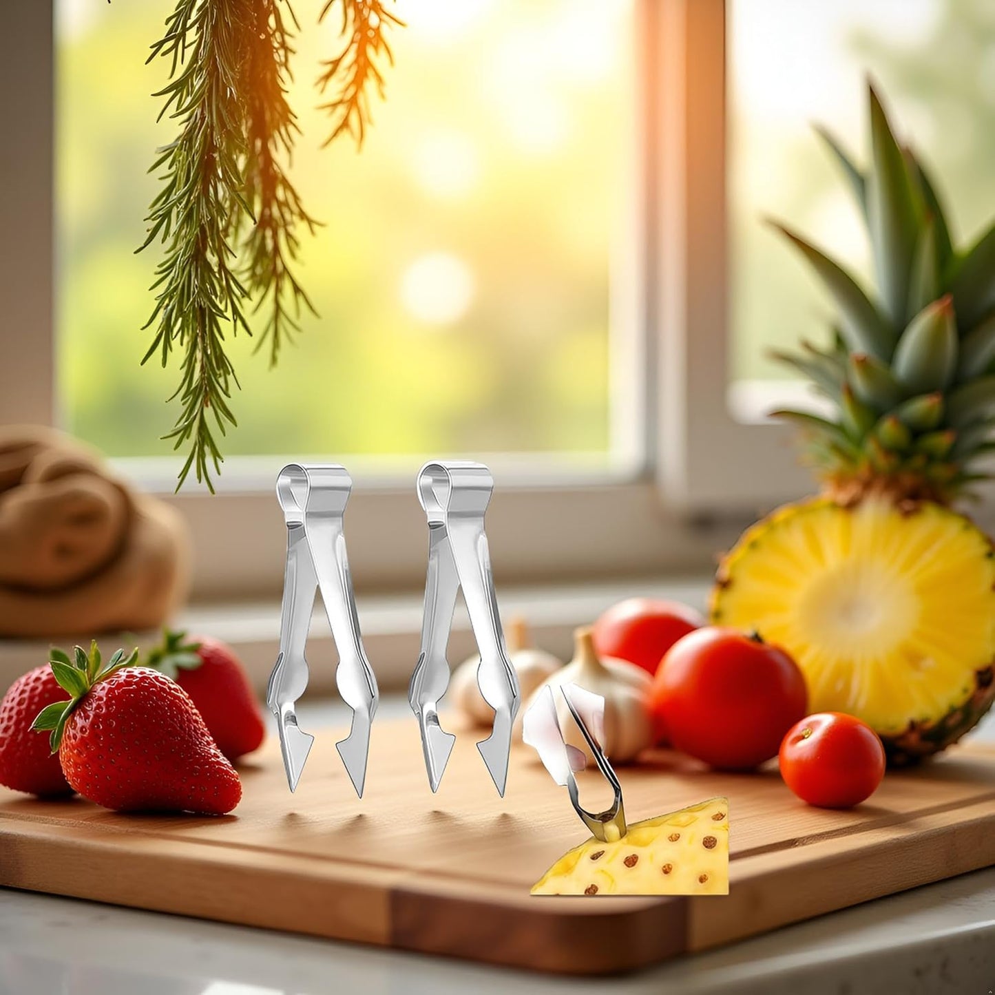2Pcs Multi-Functional Fruit & Vegetable Stem Remover Clip, Strawberry Huller, Pineapple Eye Remover, Kitchen Gadget, Silver Stainless Steel Handle