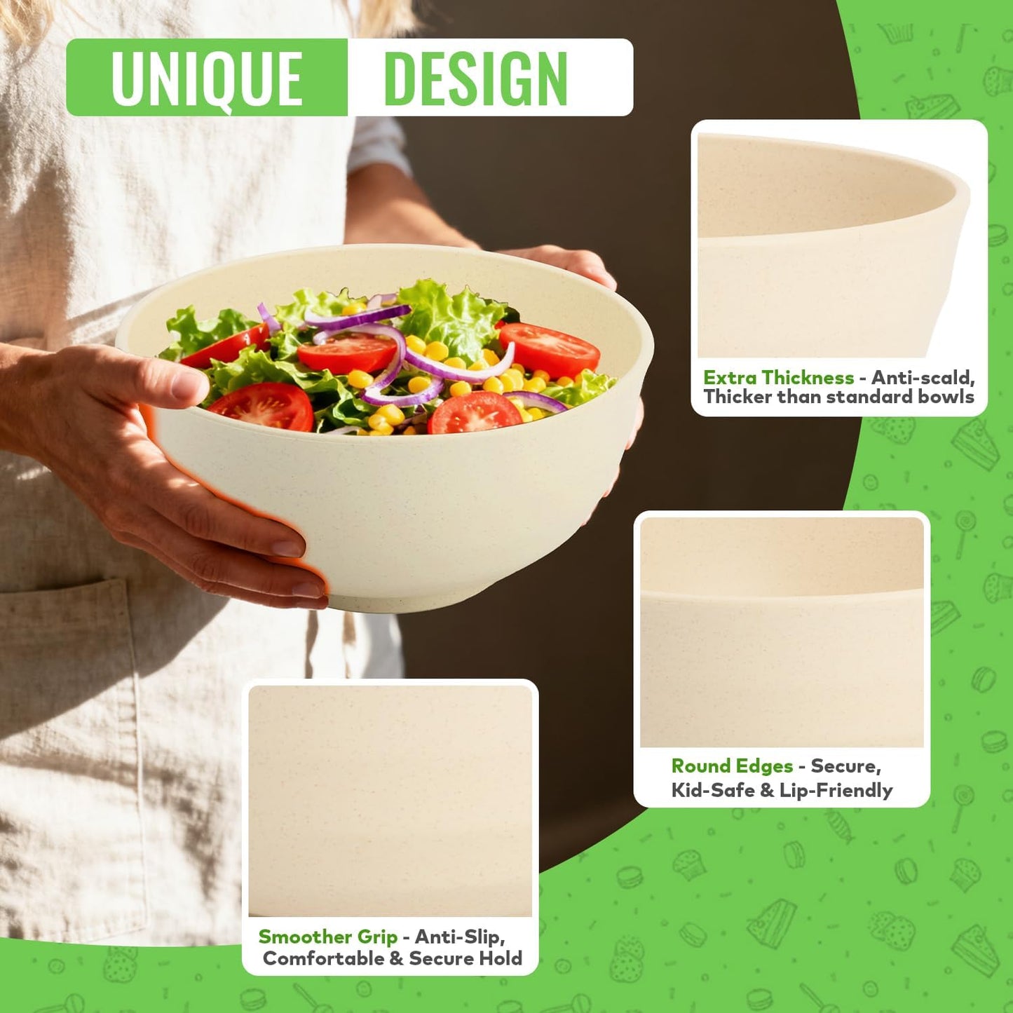 Wheat Straw Bowls Set with Lids, Unbreakable 40 OZ Cereal Bowls Set of 4, Salad Container for Lunch, Microwave & Dishwasher Safe Bowl Set for Kitchen, Picnic, RV, Camping, Multi