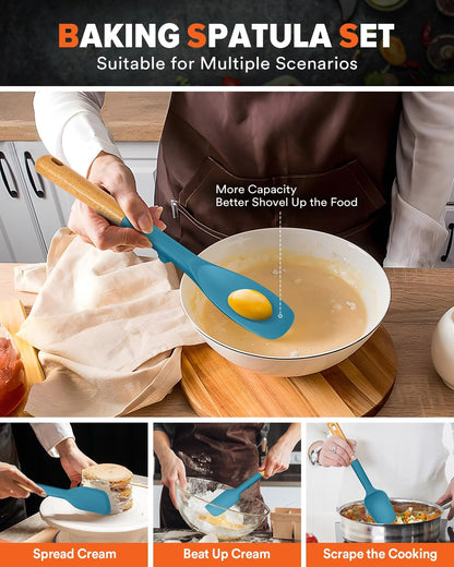 Silicone Spatula Spoon Set, Great for Mixing, Folding, Scraping, and Spreading, Sturdy BPA-Free Matte Silicone, Wooden Handle Rubber Spoonula for Nonstick Cookwares,4 Pack (GREY)