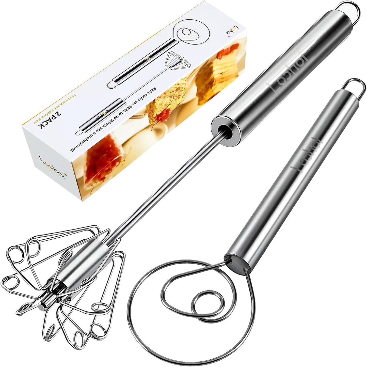 Danish Dough Whisk & Egg Whisk Set for Sourdough Bread, 2PCS Bread Dough Mixer for Sourdough, Pizza, Batter, Eggs & Cream, Heavy Duty Baking Whisks, 12-Inch