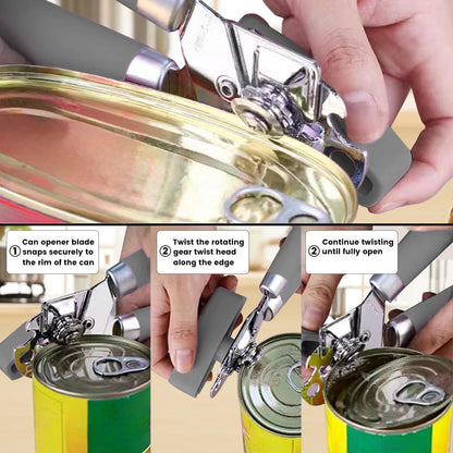 The Original Heavy Duty Stainless Steel Smooth Edge Manual Can Opener and Bottle Openers, Soft Handle, Rust Proof Oversized Handheld Easy Turn Knob,Grey
