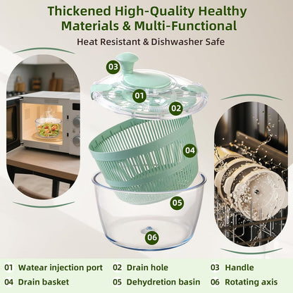 Borosilicate Glass Large Salad Spinner & Vegetable Washer - 5.2 Quart BPA-Free Dehydrator with Handle Includes 5 Chopping Blades Slicer, Drain Bowl Dishwasher Safe - Perfect for Lettuce Fruit Veggies