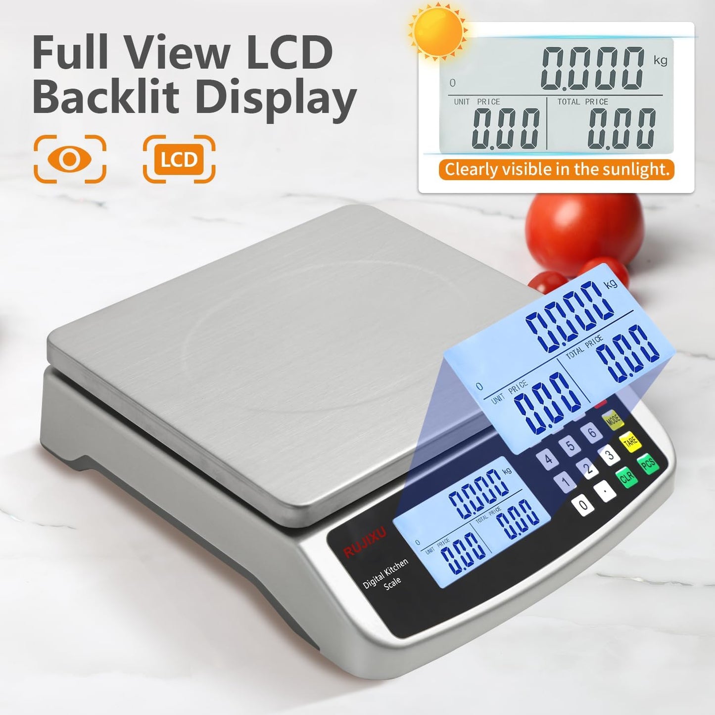 Large Digital Kitchen Scale 30KG Commercial Food Scale 66LB for Baking Bread Meat Stainless Steel Price Computing Scale LCD Display,Prep Counting Scale for Parts and Coins Adapter Included
