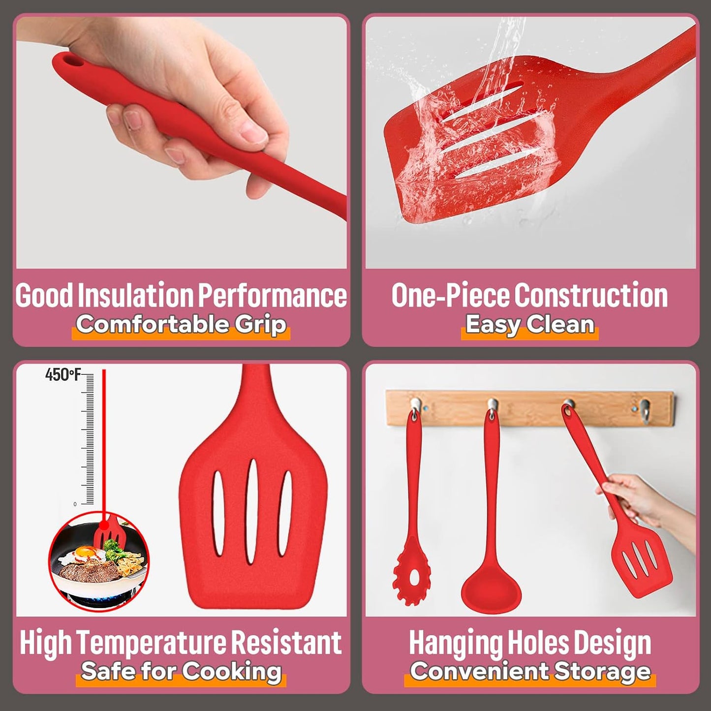 E-far Silicone Cooking Utensils Set, 7-Piece Black Heat Resistant Kitchen Utensils Set, Kitchen Nonstick Tools Spatula Ladle Spoon Pasta Server for Non-stick Cookware, Non-Toxic & Dishwasher safe
