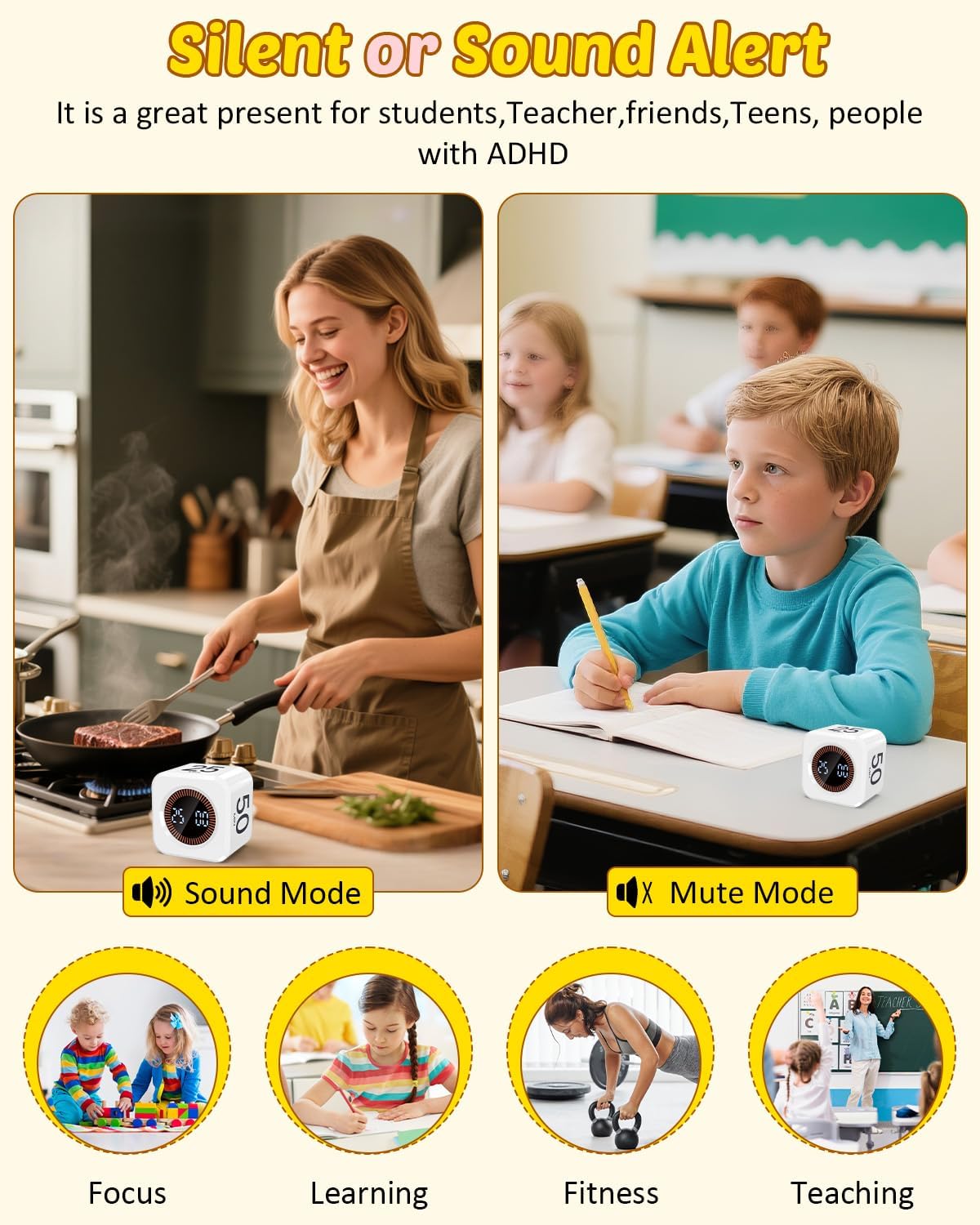 Digital Pomodoro Timer Cube 5/10/25/50min, Visual Productivity Flip Timer for Kids Classroom Desk, Custom Countdown, Silent and Sound Mode for ADHD Study Work Game Kitchen (Orange)