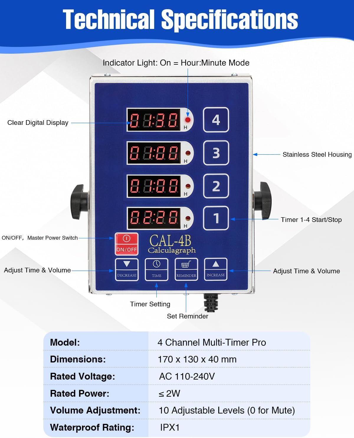 Commercial Kitchen Timers for Cooking, 8 Channel Timer for Commercial Kitchens, Heavy-Duty Loud Alarm Timer for Restaurants, Stainless Steel, LED Technology