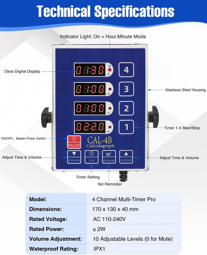Commercial Kitchen Timers for Cooking, 8 Channel Timer for Commercial Kitchens, Heavy-Duty Loud Alarm Timer for Restaurants, Stainless Steel, LED Technology