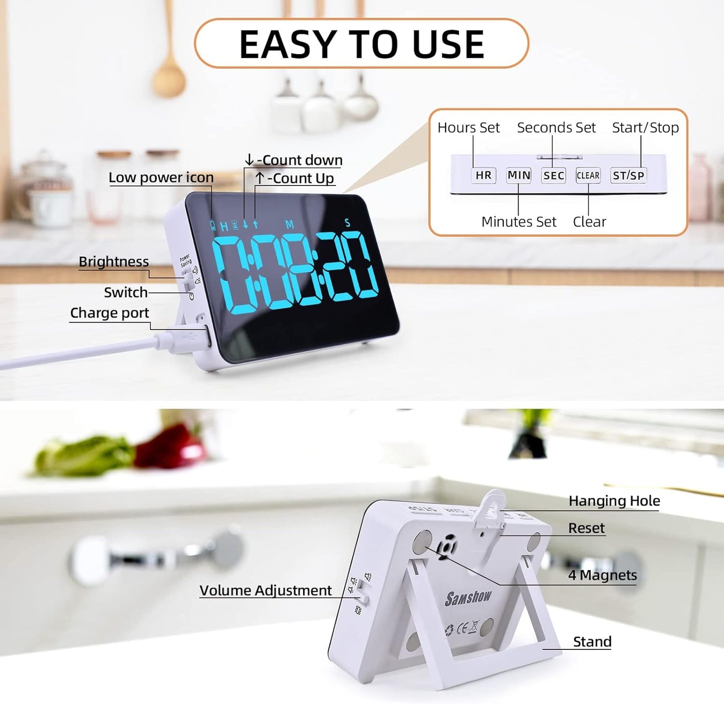 Rechargeable Digital Kitchen Timer for Cooking, Magnetic Timers with Countdown/up, Kids Timer with 5”LED Display 3 Brightness 4 Volume Adjustable for Classroom/Office/Home/Work/Study/Fitness/Game