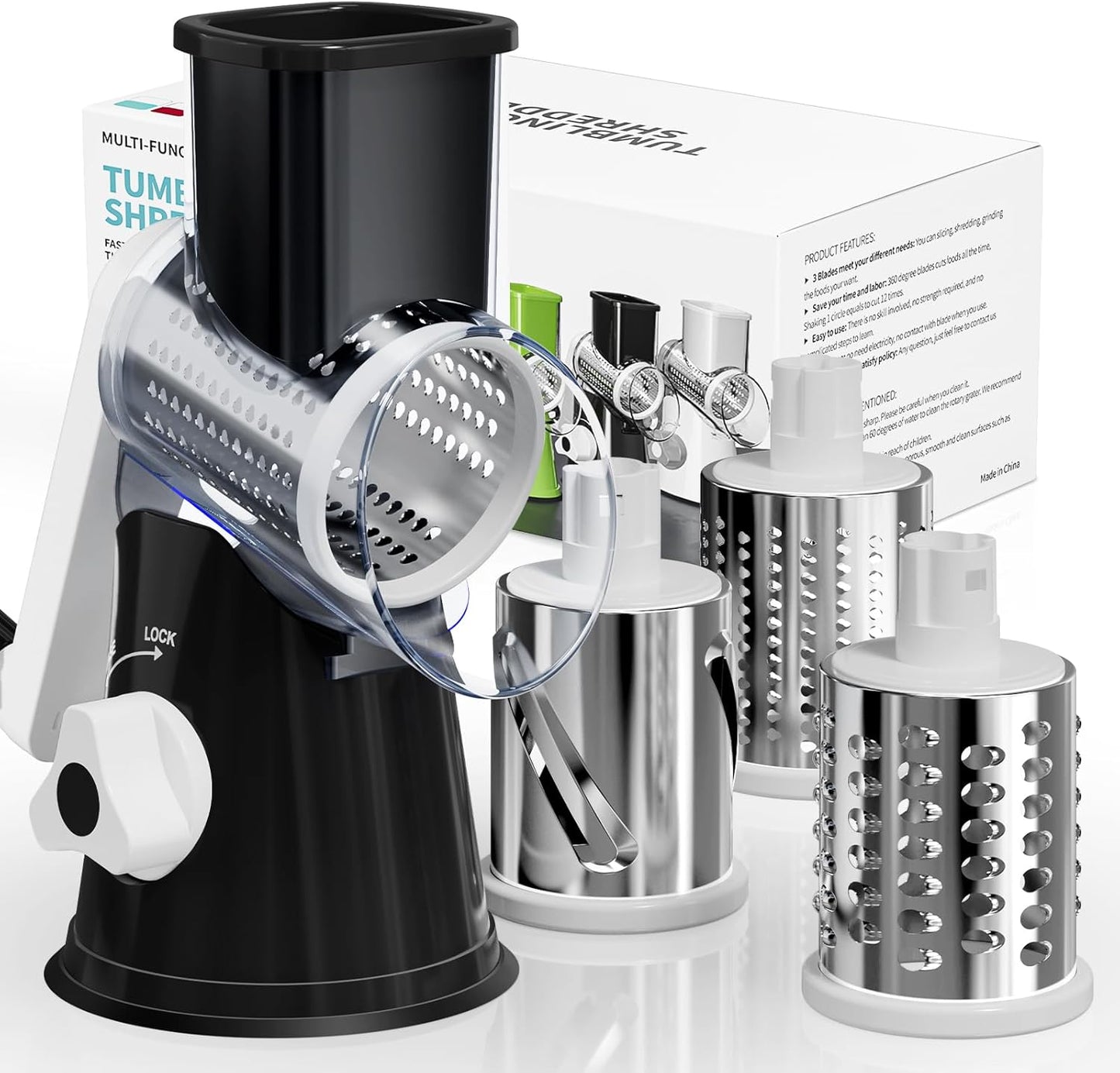 5-in-1 Rotary Cheese Grater Hand Crank, Vegetable Slicer Shredder with 5 Interchangeable Blades, Graters for Kitchen, Safe Kitchen Tool for Cheese, Nuts, Blue